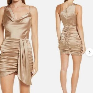 Lavish Alice Dress Satin Cowl Neck Gathered Mini Dress Bronze Gold.
